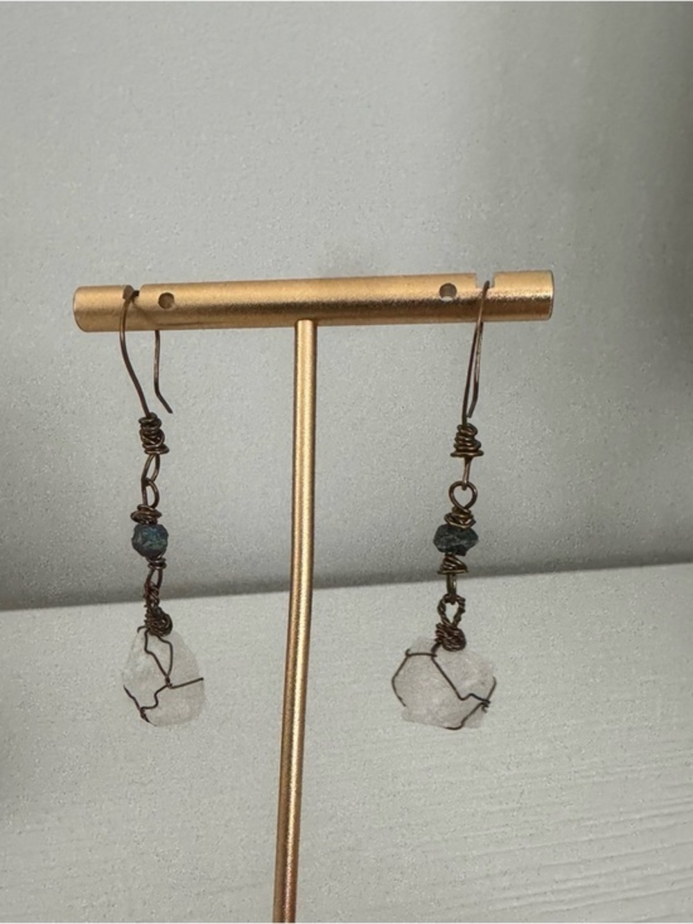 Handmade Copper Wire Wrapped White Crystal Drop Earrings